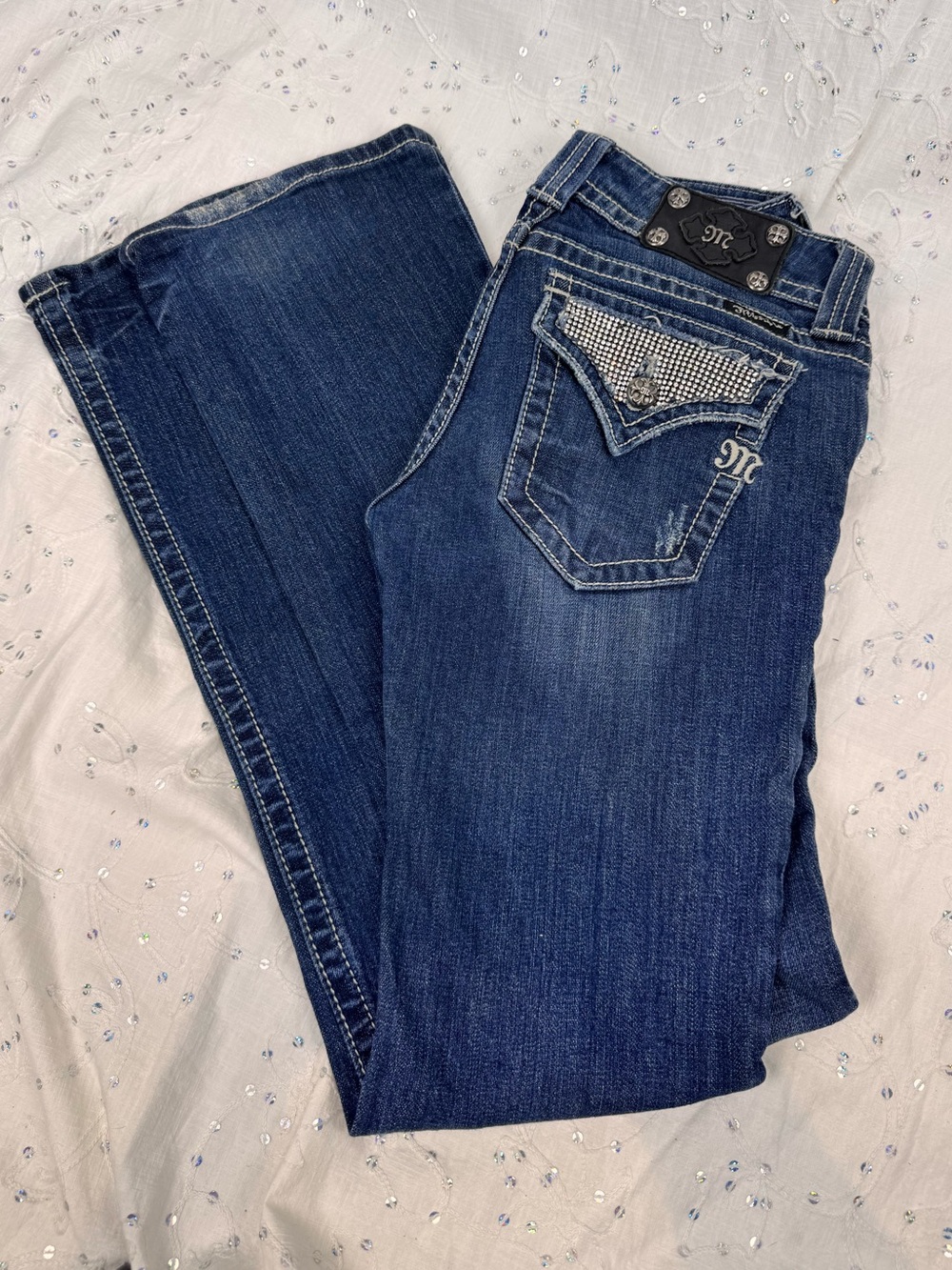 Miss Me Bootcut Jeans Size 28 | Rhinestone Flap Pockets | Low Rise Stretch Denim